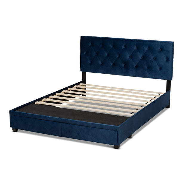 Baxton Studio Baxton Studio Caronia Stylish Navy Blue Velvet Queen Size Platform Bed with 2 Storage Drawers Caronia-Navy-Queen