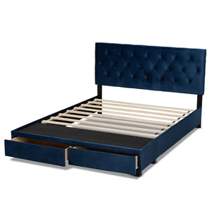 Baxton Studio Baxton Studio Caronia Stylish Navy Blue Velvet Queen Size Platform Bed with 2 Storage Drawers Caronia-Navy-Queen
