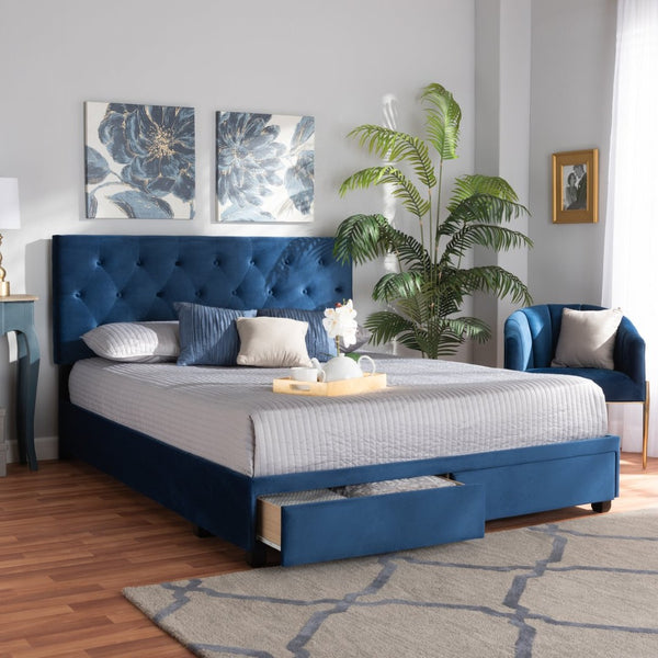 Baxton Studio Baxton Studio Caronia Stylish Navy Blue Velvet Queen Size Platform Bed with 2 Storage Drawers Caronia-Navy-Queen