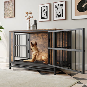English Elm Dog Crate Furniture Table with Dual Sliding Doors Rustic Wood Mdf Pet House W840P203068