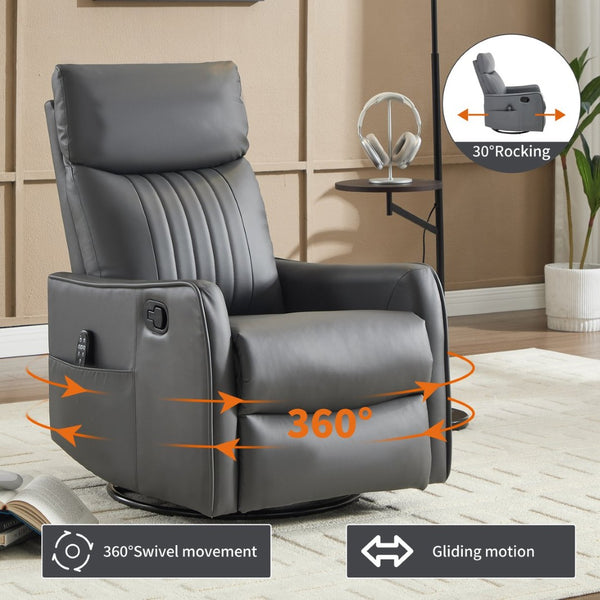 English Elm Blue Fabric Swivel Rocker Recliner with Massage Heat Nodes for Living Room Comfort Grayish Green W1803P321819