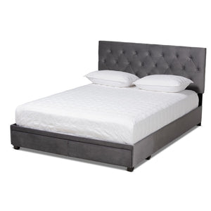 Baxton Studio Baxton Caronia Luxe Grey Velvet Queen Platform Storage Bed with 2 Drawers & Modern Glamour Design Caronia-Grey-Queen