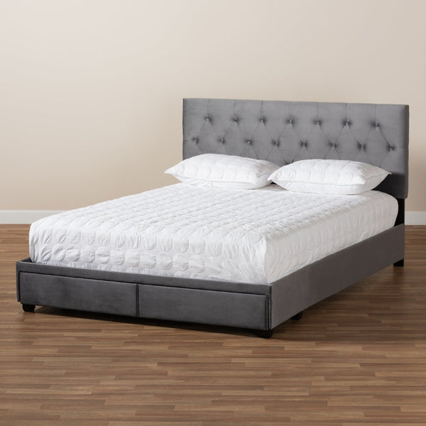 Baxton Studio Baxton Caronia Luxe Grey Velvet Queen Platform Storage Bed with 2 Drawers & Modern Glamour Design Caronia-Grey-Queen