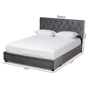 Baxton Studio Baxton Caronia Luxe Grey Velvet Queen Platform Storage Bed with 2 Drawers & Modern Glamour Design Caronia-Grey-Queen