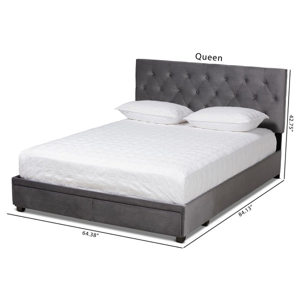 Baxton Studio Baxton Caronia Luxe Grey Velvet Queen Platform Storage Bed with 2 Drawers & Modern Glamour Design Caronia-Grey-Queen