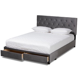 Baxton Studio Baxton Caronia Luxe Grey Velvet Queen Platform Storage Bed with 2 Drawers & Modern Glamour Design Caronia-Grey-Queen