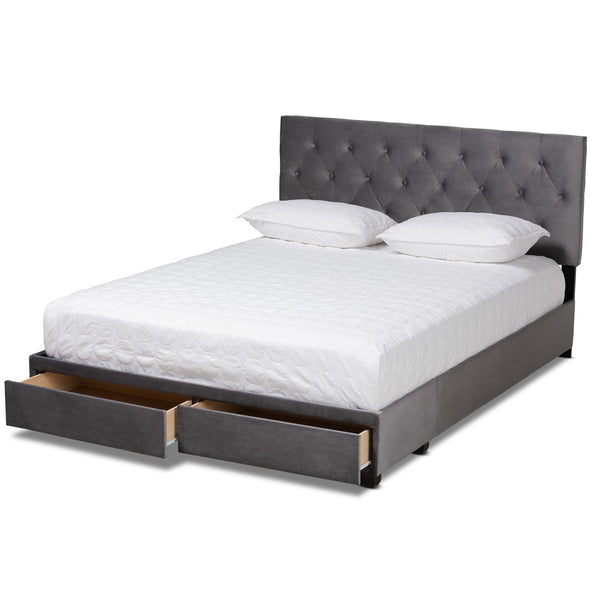 Baxton Studio Baxton Caronia Luxe Grey Velvet Queen Platform Storage Bed with 2 Drawers & Modern Glamour Design Caronia-Grey-Queen