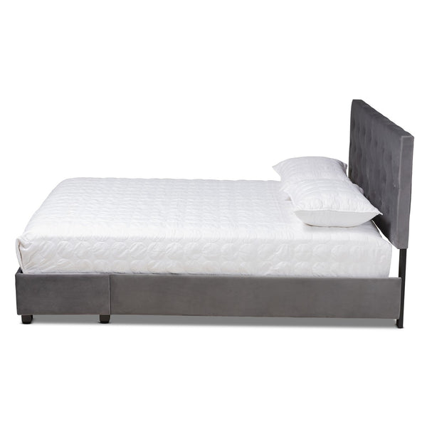 Baxton Studio Baxton Caronia Luxe Grey Velvet Queen Platform Storage Bed with 2 Drawers & Modern Glamour Design Caronia-Grey-Queen