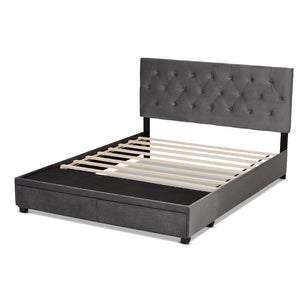 Baxton Studio Baxton Caronia Luxe Grey Velvet Queen Platform Storage Bed with 2 Drawers & Modern Glamour Design Caronia-Grey-Queen