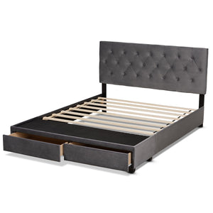 Baxton Studio Baxton Caronia Luxe Grey Velvet Queen Platform Storage Bed with 2 Drawers & Modern Glamour Design Caronia-Grey-Queen