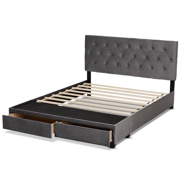 Baxton Studio Baxton Caronia Luxe Grey Velvet Queen Platform Storage Bed with 2 Drawers & Modern Glamour Design Caronia-Grey-Queen