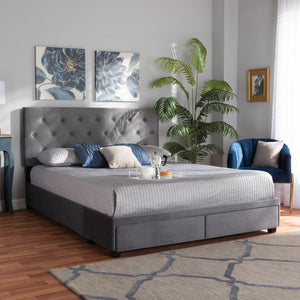 Baxton Studio Baxton Caronia Luxe Grey Velvet Queen Platform Storage Bed with 2 Drawers & Modern Glamour Design Caronia-Grey-Queen