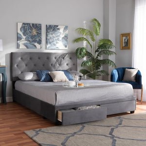 Baxton Studio Baxton Caronia Luxe Grey Velvet Queen Platform Storage Bed with 2 Drawers & Modern Glamour Design Caronia-Grey-Queen