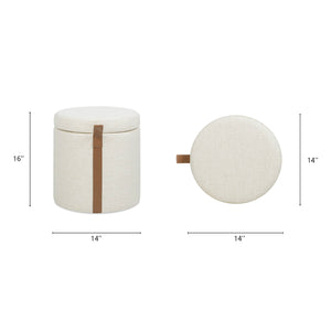English Elm Jennifer Taylor Home - Brandy Compact 14" Round Upholstered Storage Ottoman with Leather Accent Tab, Linen Neutral Chic White B2719P269255