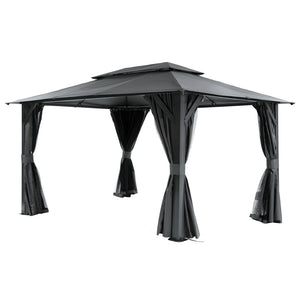 English Elm 10'x13' Outdoor Gazebo Steel Frame Double Roof Patio Shelter with Netting and Curtains Gray W1859P426721