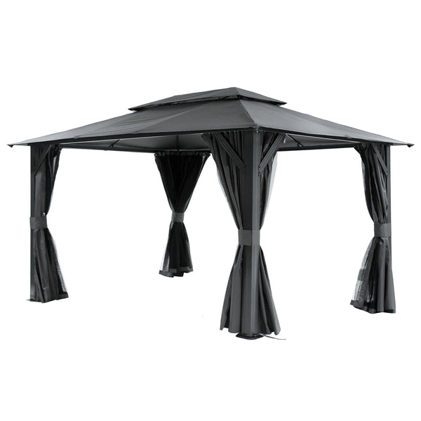 English Elm 10'x13' Outdoor Gazebo Steel Frame Double Roof Patio Shelter with Netting and Curtains Gray W1859P426721