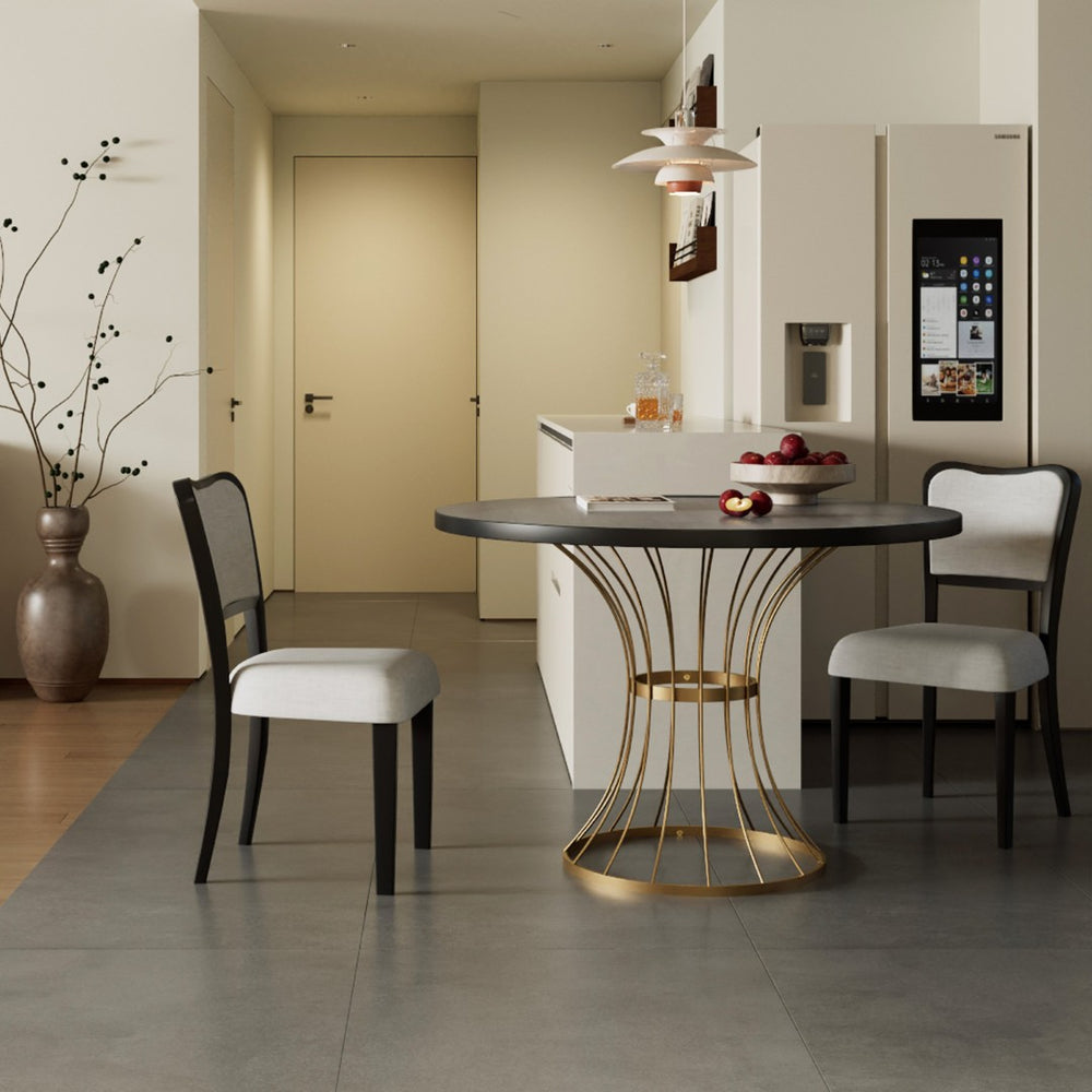 English Elm 42" Round Oak Veneer Pedestal Dining Set with Linen Chairs for Compact Spaces N842PS125127B
