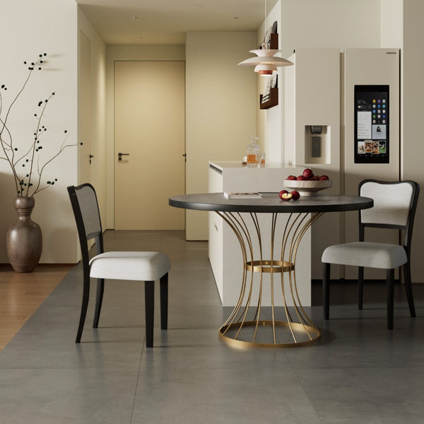 English Elm 42" Round Oak Veneer Pedestal Table Set with Beige Linen Chairs for Cozy Nooks N842S000127B
