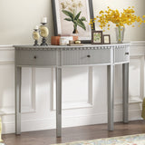 English Elm U-Style Distinctive Features Of Pine Veneer Console Table With Vertical Stripe Drawer Fronts and Four Legs