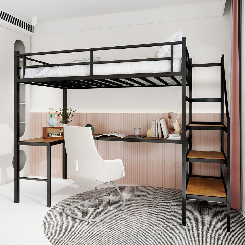 English Elm Loft Bed with L-shaped Desk Stair Storage and Full Guardrail Iron Frame Black W1935S00007