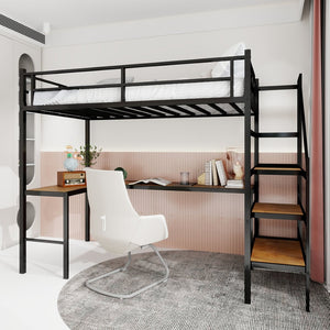 English Elm Loft Bed with L-shaped Desk Stair Storage and Full Guardrail Iron Frame Black W1935S00007