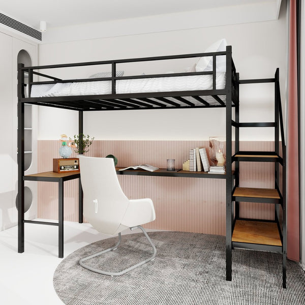 English Elm Loft Bed with L-shaped Desk Stair Storage and Full Guardrail Iron Frame Black W1935S00007