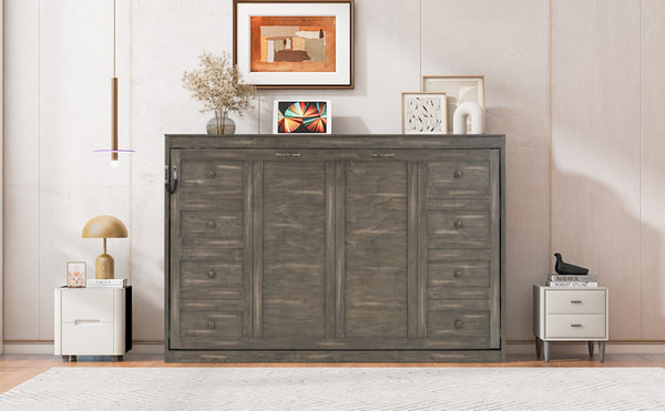 English Elm Twin Size Murphy Bed With Integrated Led Light - Space-Saving Foldable Cabinet For Stylish Living N7090004013D-GIGA