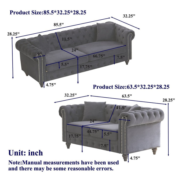 English Elm Fx Chesterfield Sofa Set Tufted Tech Fabric Upholstered Living Room Seating Combo Grey W1926S00121