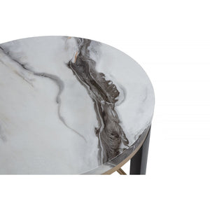 English Elm Nesting Marble-Top Coffee Table Set with Velvet Ottoman, Brass Frame, Dark Wood Legs — Modern Chic Living Room B011P355867