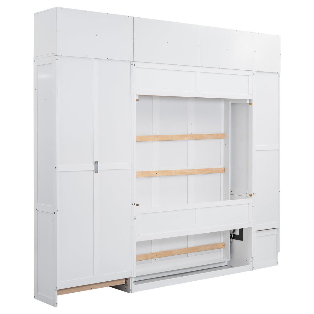 English Elm Full Full Size Murphy Bed with Lockers & Wardrobes in White — Space-Saving Foldaway Cabinet, Shelves, Drawers, Installation Video Included GX000392AAK