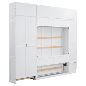 English Elm Full Full Size Murphy Bed with Lockers & Wardrobes in White — Space-Saving Foldaway Cabinet, Shelves, Drawers, Installation Video Included GX000392AAK
