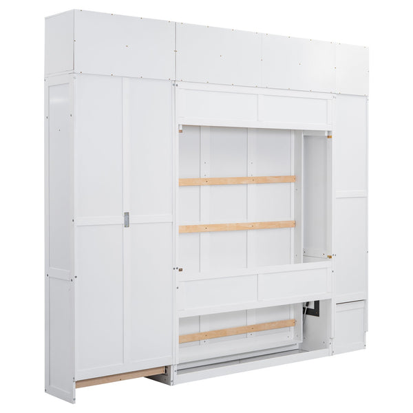 English Elm Full Full Size Murphy Bed with Lockers & Wardrobes in White — Space-Saving Foldaway Cabinet, Shelves, Drawers, Installation Video Included GX000392AAK