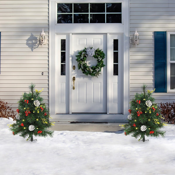English Elm HOMCOM 22.5" Outdoor Pre-Lit Christmas Shrub 2-Pack with 24 Warm White LEDs, 8 Modes & Stakes W2225P249634