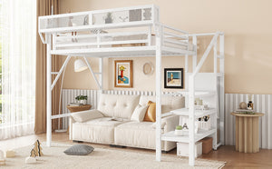 English Elm Twin Twin Size Loft Bed with Stairs and Built-In Shelves, Metal High Loft with Wardrobe for Kids Teens White W2580S00036