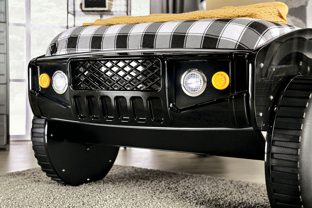 English Elm Modern Speed Jeep Twin Bed With Led Headlights, High-Gloss Finish, Metal Frame & Slat Kit Included B2741S00508