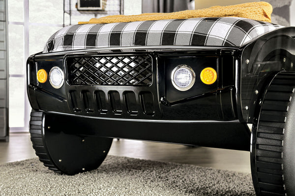English Elm Modern Speed Jeep Twin Bed With Led Headlights, High-Gloss Finish, Metal Frame & Slat Kit Included B2741S00508