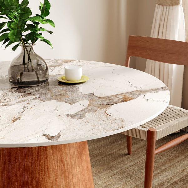 English Elm Small Round Solid Wood Pedestal Dining Table with Sintered Stone Top, Durable Family-Friendly Design T3833S00037 T3833S00037