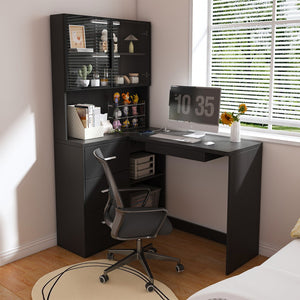 English Elm Computer Corner L-Shaped Desk with Glass Cabinets, Built-In LED, USB Ports, Keyboard Tray, Ergonomic Design Black W2699P345804