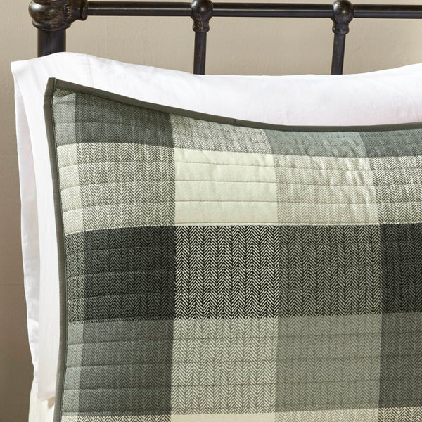 JLA Home Madison Park - 6 Piece Printed Herringbone Quilt Set with Buffalo Plaid Reversible Design and Embroidered Pillows Grey MP13-4681