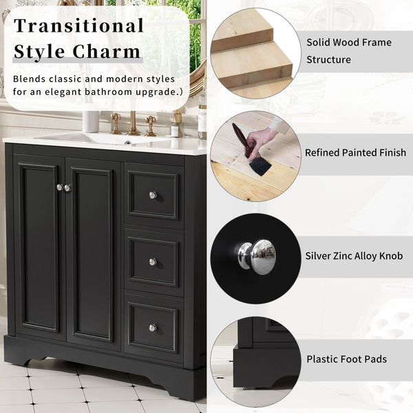 English Elm 36'' Transitional Bathroom Vanity with Ceramic Sink, Solid Wood Frame, Adjustable U-Shelf & Soft-Close Doors Black N729P292966B