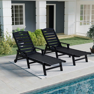 English Elm Patio Hdpe Chaise Lounge Outdoor Reclining Poolside Chair with Built-in Cup Holder Black W1859P478587