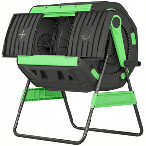 English Elm Dual Chamber Tumbling Composter with 53 Gallon Rotating Drums on Powder Coated Stand Black+Green T3971P467334