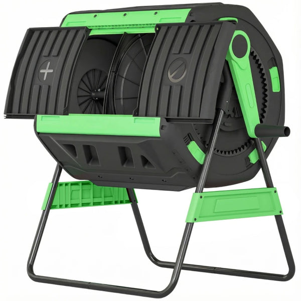 English Elm Dual Chamber Tumbling Composter with 53 Gallon Rotating Drums on Powder Coated Stand Black+Green T3971P467334