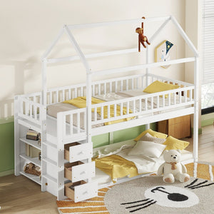 English Elm Twin/twin House Bunk Bed Solid Pine Playhouse Frame with Storage Drawers Shelves White W697S00032