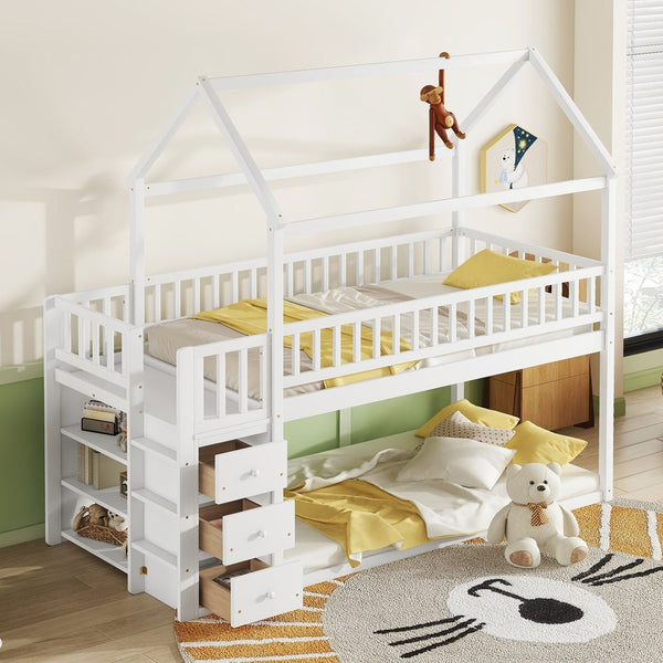 English Elm Twin/twin House Bunk Bed Solid Pine Playhouse Frame with Storage Drawers Shelves White W697S00032