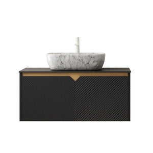 English Elm Dina Floating Bathroom Vanity Sintered Stone Top Glass Basin Striped Plywood Cabinet W2615S00526