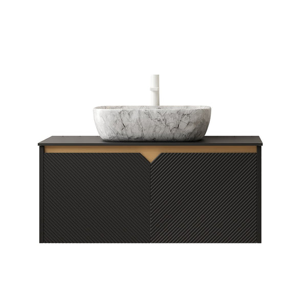 English Elm Dina Floating Bathroom Vanity Sintered Stone Top Glass Basin Striped Plywood Cabinet W2615S00526