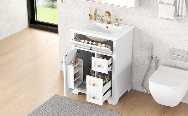 English Elm "24'' 24 Inch Glossy Freestanding Bathroom Vanity with Gold Hardware and Soft Close Storage White Pinewood N725P375495K