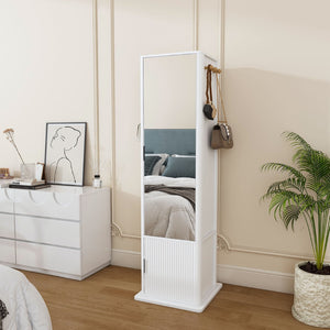 English Elm 360° Rotating Tower Cabinet with Full Length Mirror Open Shelving and Jewelry Storage White W509P456172