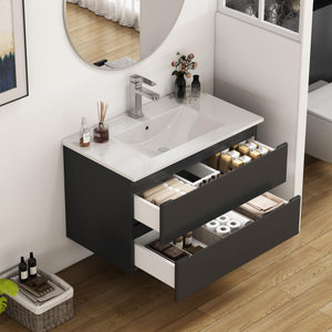 English Elm 32-Inch Wall-Mounted Bathroom Vanity & Ceramic Sink Combo - Soft-Close Drawers, Easy Install! W3151S00046